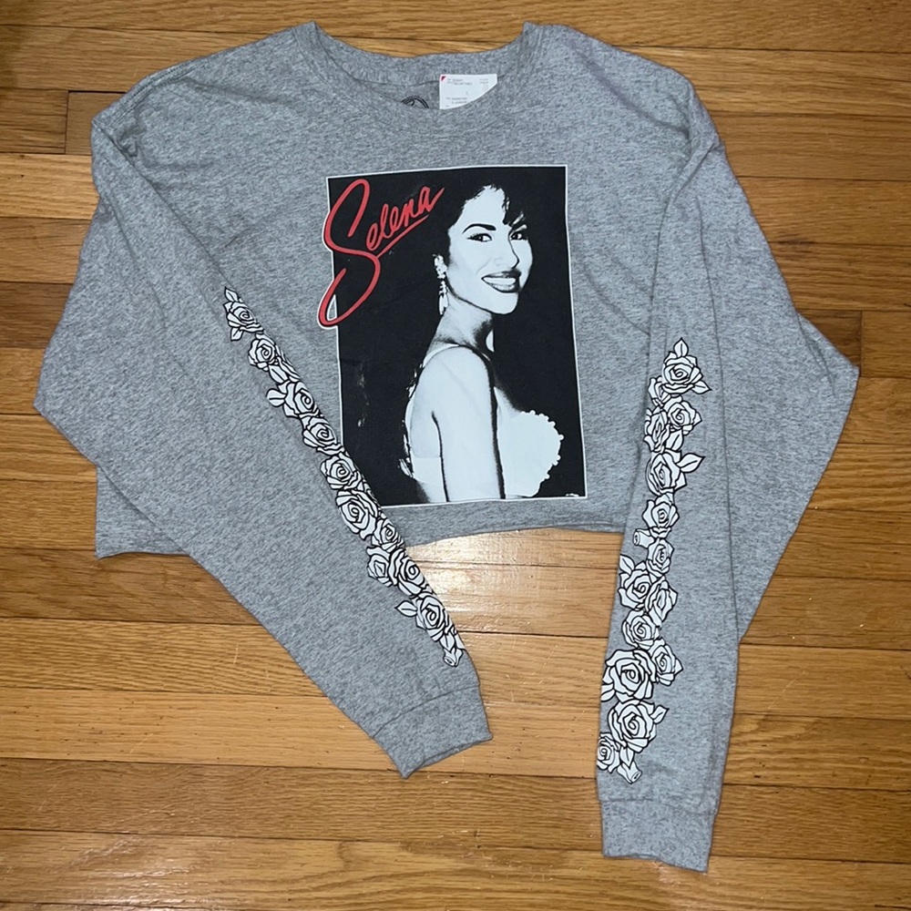 Selena Quintanilla crop cutoff long sleeve graphic t shirt gray size XL